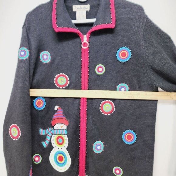 Timberlea Christmas Snowman Cardigan XL Black Sweater Ramie Colorful Embroidery - Picture 6 of 12
